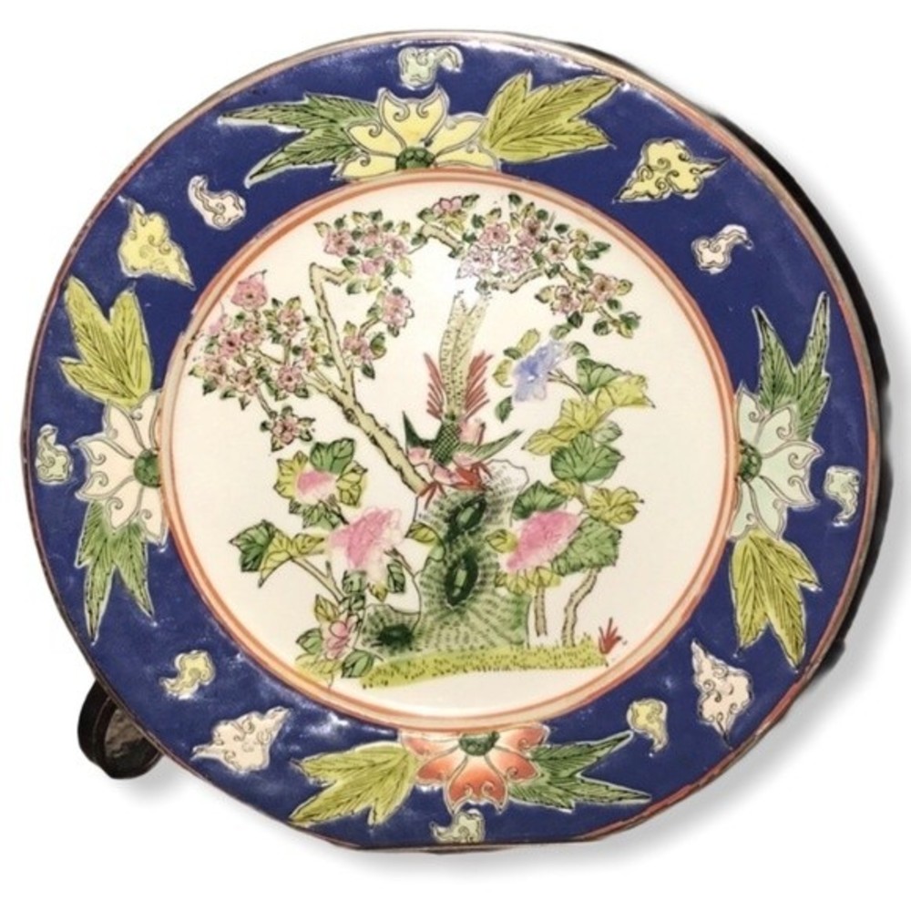 Vintage Oriental Porcelain Enamel Plate Blue Macau Qing Tungzhi mid century,